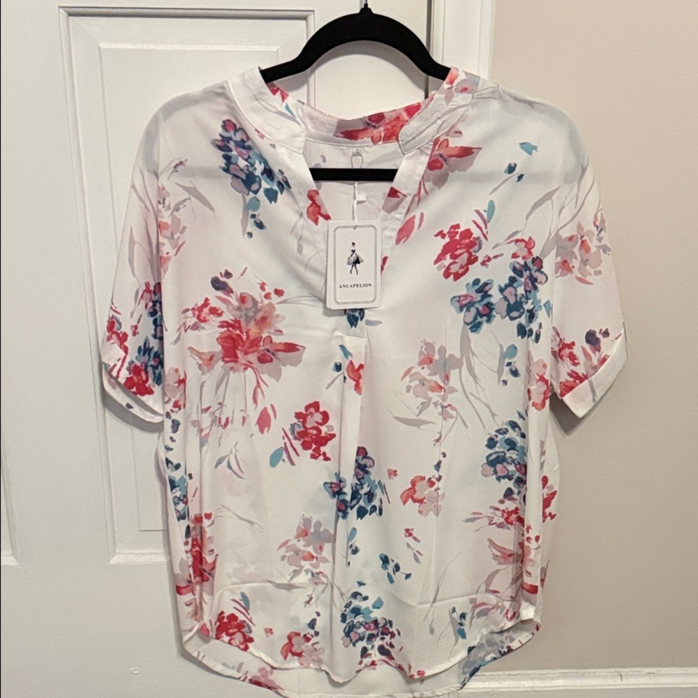Chic Floral Print Blouse - White and Pink